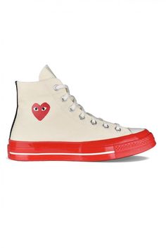 Comme Des Garçons Play x Converse high-top sneakers.Light beige canvas.Signature red heart logo on outer side.Contrasting red patent rubber sole.Round white rubber toe.Lace-up closure.Contrasting seams. Play X Converse, Heeled Rain Boots, High Heel Rain Boots, Hightop Sneakers, Top Sneakers Women, Luxury Sneakers, Heart Logo, Shoe Boot Sandals, Mens Luxury