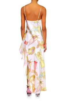 Off White Fairy Printed Silk Chiffon And Satin Asymetrical Cowl Neck G – Rodarte Asymmetrical Silk Slip Dress For Spring, Bias Slip Dress, White Fairy, Sleek Chic, Fairy Artwork, Silk Charmeuse, Printed Silk, New Arrival Dress, Silk Chiffon