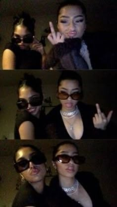 four pictures of two women in sunglasses making the peace sign with their hands and fingers