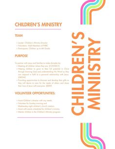 the children's ministry flyer is shown in orange, green, and blue colors