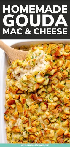 homemade goudaa mac and cheese in a white casserole dish