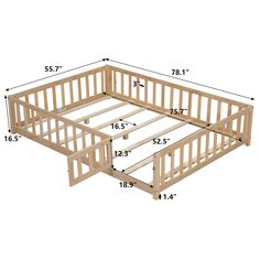 a wooden bed frame with measurements for the top and bottom part, including two sides