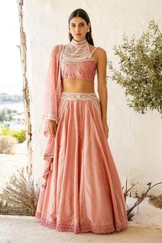 Shop for Shruti Sancheti Pink Silk Lehenga Set for Women Online at Aza Fashions Salmon Pink Dress, Hand Embroidered Skirt, Halter Blouse, Dresses Traditional, Pink Lehenga, New Address, Embellished Blouse, Embroidered Wedding, Silk Lehenga