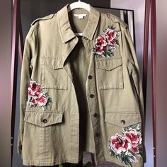 Never Worn - In Perfect Condition - Fits A Little Over Sized Bohemian Khaki Outerwear For Spring, Spring Embroidered Green Outerwear, Tweed Shooting Jacket, Denim Jacket Trend, Army Green Jeans, Sherpa Lined Jacket, Fur Leather Jacket, Green Jeans, Hunting Jackets