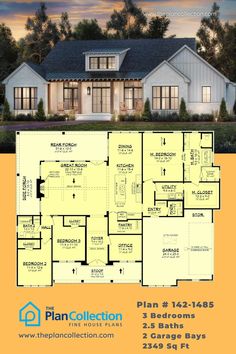 transitional house plans, Plan # 142-1485 Transitional Modern Farmhouse, Transitional House Plans, Spa Like Bathrooms, Log Fireplace, Transitional Farmhouse, Transitional Home, Gas Fireplace Logs