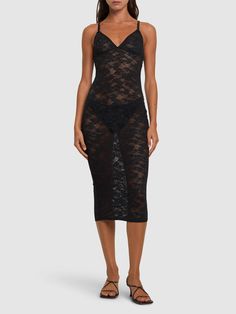 Adjustable spaghetti straps. All over pattern placement may vary. Model is wearing a sizeS All Over Pattern, Lace Midi, Lace Midi Dress, Flat Espadrilles, Shearling Jacket, Ski Wear, Stretch Lace, Black Midi Dress, Vivienne Westwood