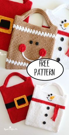 three crocheted bags with snowmen on them and the words free pattern written below