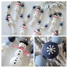 snowman ornaments are hanging from the ceiling and decorated with blue, white and black beads