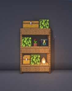 a wooden shelf filled with lots of items on top of a gray floor next to a wall