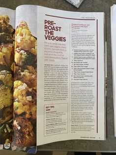 an open magazine with broccoli and cauliflower on it