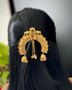 This antique Gold plated Hair pin studded with Polki & Pearls Elephant and Goddess Lakshmi perfectly pairs up with your traditional attire! With a forked pin at the back, you can use on a ponytail or a bun ! Height: 10 Cm  Width: 9 Cm  Weight: 2.5 Oz  Care Instruction : Avoid Heat & Chemicals Like Perfume, Deo, Alchol, Etc. | Clean With Dry Cotton Cloth | Pack In our Anti tarnish box after use. Antique Elephant, Dance Jewelry, Goddess Lakshmi, Traditional Attire, Bridal Hair Pins, Hair Jewelry, Antique Gold, Hair Pins, Halloween Shopping