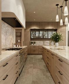 a large kitchen with marble counter tops and wooden cabinetry, along with hanging lights