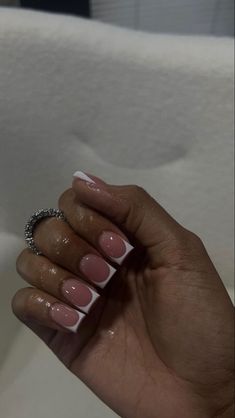 French Tip With Pink Acrylic Nails, White French Tips On Brown Skin, Unique Short Acrylic Nails Square, Deep Arch French Nails, Short Junk Nails, Hard Nails, Polish Nails, Drip Nails