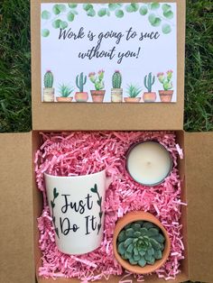 a box that has some plants in it and a cup with the words work is going to succe without you