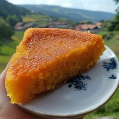 a piece of cake sitting on top of a white plate next to a green field