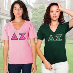 This Sorority package comes with 2 American Apparel V-Neck Unisex/Men's Sized Tees with 4-inch twill Delta Zeta Greek letters going horizontal across the front. This package saves you over $5! Get yours now!Unisex/Men's Sized V-Neck Tee Features: American Apparel brand; 100% fine jersey cotton construction, Heather Grey contains 10% polyester; durable rib V-neckband; unisex/men's sizing.Rush service is available for 20% of the total, this service can be selected during checkout. Click Here To Vi Gamma Sigma Sigma, Sigma Lambda Gamma, Sorority Clothing, Kappa Delta Sorority, Sigma Chi, Alpha Sigma Tau, Alpha Gamma Delta, Kappa Alpha Theta, Alpha Sigma Alpha