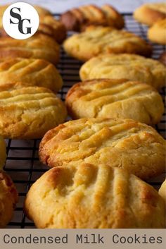 cookies are cooling on a wire rack with the words, condensed milk cookies