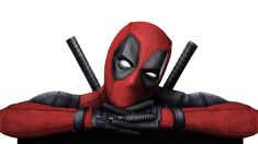 deadpool is sitting on top of a desk with two swords in his hands and wearing a red mask