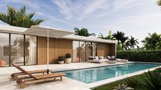 an outdoor pool area with lounge chairs and umbrellas