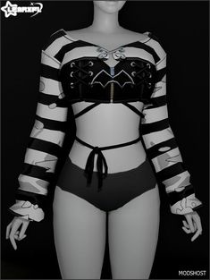 a female mannequin wearing a black and white striped top with cutouts on it