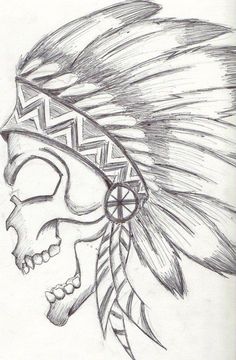 a drawing of a skull wearing a native american headdress with feathers on it