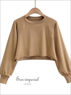 Women Khaki Crew Neck Raglan Sleeve Oversized Crop Sweatshirt with Raw Hem Short Sweatshirt, Beige Sweatshirt, Table S, Vintage Crop Tops, Cheap Hoodies, Cut Sweatshirts, White Crew Neck, Summer Fabrics, Solid Clothes