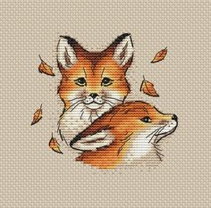 two foxes cross stitched together in the shape of an image with leaves falling from their mouths