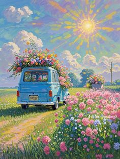 a painting of a van with flowers on the roof parked in front of a field