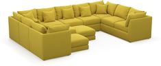 a yellow sectional couch with pillows on the top and bottom, sitting in front of a white background