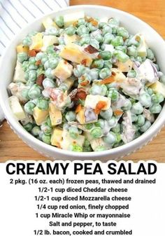 the recipe for creamy pea salad is shown on an iphone screen, and it's full