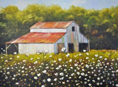 an oil painting of a barn in the middle of a field full of wildflowers