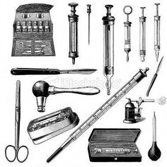 an assortment of medical instruments and tools from the 19th century, vintage engraved illustration stock photo