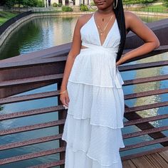 Flowy Great Vacation Dress. Tiered Maxi Dress For Spring Date Night, White Flowy Rayon Maxi Dress, Off-white Flowy Dress For Daywear, Flowy V-neck Beach Dress, Flowy Free-spirited Vacation Dress, White Flowy V-neck Maxi Dress, Flowy Clothes, Vacation Dress, Clothes Black