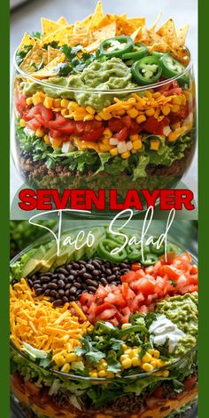 a salad with black beans, tomatoes, corn and lettuce in it that is topped with guacamole