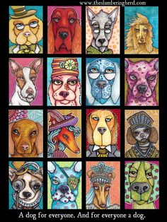 a poster with many different dogs on it's front and back sides, all in different colors