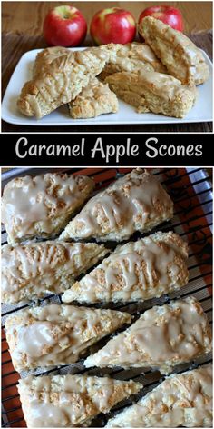 caramel apple scones on a cooling rack with apples in the background and text overlay that says caramel apple scones