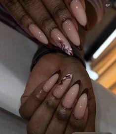 Maroon Nail Inspo Acrylic, Nails Brown And Pink, Brown Nail Designs Almond, Brown And Rose Gold Nails, Brown Nails Almond Shape, Brown Marble Nails Design, Most Beautiful Nail Designs, Brown Pink Nails, Mauve Nail Designs