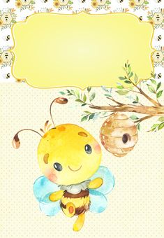 a watercolor drawing of a bee holding a honey on a branch with a yellow sign in the background