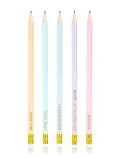 three pencils with different colors and writing on the bottom one is yellow, pink, blue