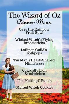 Wizard of Oz Themed Dinner Menu featuring Over the Rainbow Fruit Bowl, Wicked Witch's Flying Broomsticks, Lollipop Guild's Lollipops, Tin Man's Heart-Shaped Pizzas, Cowardly Lion Sandwiches, I'm Melting Punch, Melted Witch Cookies Themes Dinner Nights, Disney Movie Themed Dinner, Themed Dinners Ideas, Family Movie Night Themes, Disney Movie Night Menu, Themed Meals, Disney Themed Movie Night, Disney Movie Night Food, Family Night Activities