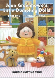 a knitted doll is standing next to two stuffed animals and a basket full of toys