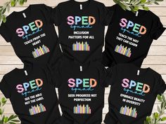 four shirts with the words speed written in different colors and designs on them, including pencils