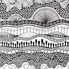 an abstract black and white drawing with wavy lines, dots and swirls on it