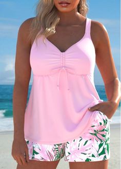 Color:Light Pink;Size:S;Size:M;Size:L;Size:XL;Size:XXL;Bra Style:Padded;Support:Wire Free;Pad Style:Removable;Strap Style:Adjustable;Package Contents:1 X Top , 1 X Shorts;Occasion:Sport; Pink Tankini, Elegant Dresses Plus Size, Plants Print, Plus Size Tankini, Pink Tropical, Trendy Swimsuits, Plus Size Swim, Printed Tankini, Black Swimwear