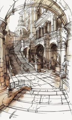 Ancient Roman Art Aesthetic, Architecture Orthographic Drawings, Fantasy Architecture Drawing, Old Architecture Sketch, Architecture Sketches Aesthetic, Art Sketches Buildings, Roman Architecture Sketch, Built Environment Art, Ancient Greek Architecture Drawing