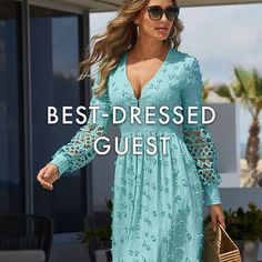 a woman in a blue dress with the words best - dressed guest