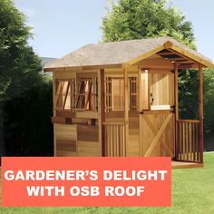 a garden's delight with osb roof in the grass next to a shed