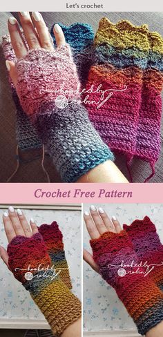 the crochet fingerless gloves are made with different colors and sizes, including one for