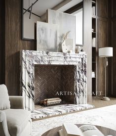 a living room filled with furniture and a fire place in front of a book shelf