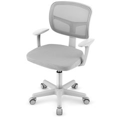 an office chair with wheels and arms on a white back ground, viewed from the front